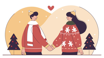 Loving couple holding hands in winter wonderland celebrating holiday season joy