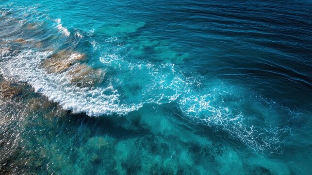 The ocean is calm and blue with a wave in the distance. The water is clear and the sky is blue