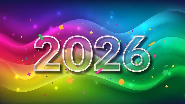 Happy New Year 2026 Celebration Background with Confetti and Colorful Waves