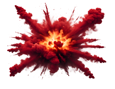 Vibrant red smoke explosion bursting outwards from a bright fiery orange core, creating a powerful chaotic, isolated on transparent background