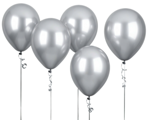 Silver balloons soar, ribbon accents on a dark background