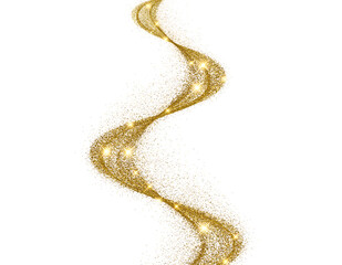 Golden glitter wave flows in dynamic S curve pattern, adorned with bright sparkling lights, creating a luxurious, isolated on transparent background