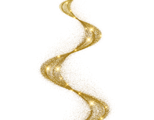 Golden glitter wave flows in dynamic S curve pattern, adorned with bright sparkling lights, creating a luxurious, isolated on transparent background