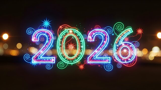 Vibrant Neon 2026 with Festive Lights and Bokeh Background - Powered by Adobe