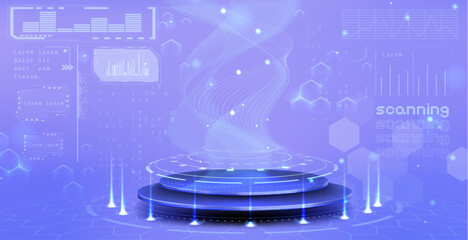 Naklejka na ściany i meble Hologram tech podium with neon light portal effect on futuristic blue background. 3D digital stage platform with glowing HUD data display and cyberpunk game interface elements for product presentation