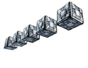 Five glowing metallic cubes, patterned like circuits, rise diagonally. They symbolize future tech, data, digital, isolated on transparent background