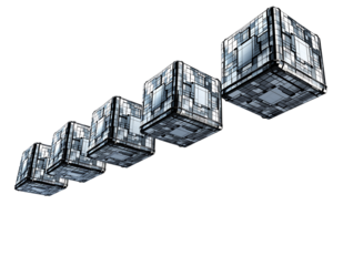 Five glowing metallic cubes, patterned like circuits, rise diagonally. They symbolize future tech, data, digital, isolated on transparent background