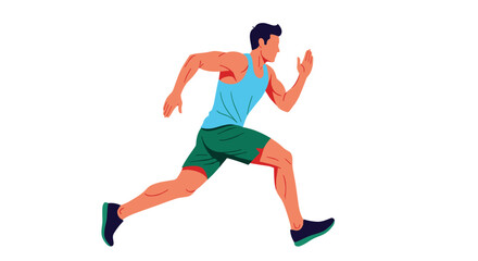 An active man in a blue tank top and green shorts is depicted in a dynamic running pose, symbolizing fitness and speed.