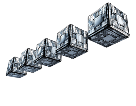 Five glowing metallic cubes, patterned like circuits, rise diagonally. They symbolize future tech, data, digital, isolated on transparent background