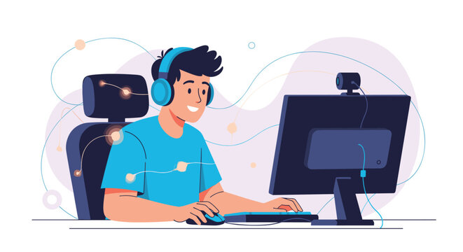A smiling young man in headphones actively uses his desktop computer with a webcam, symbolizing online gaming, streaming, or remote work.
