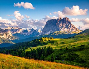 Sunny landscape of rolling green hills, majestic mountain range