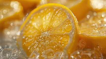 Close-Up of Fresh Lemon Slices with Water Droplets on Ice, Capturing the Vibrant Yellow Color and Juicy Texture for Refreshing Beverage or Culinary Ideas
