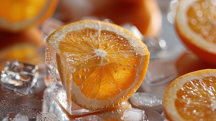 Close-up of a refreshing slice of orange encased in ice, showcasing bubbles and glistening water droplets, perfect for summer beverage themes and culinary presentations.