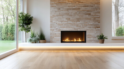 Obraz premium Modern fireplace with stone wall and plants warming minimal living space