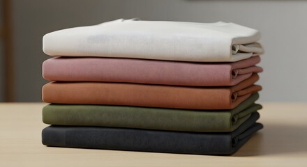 Stack of folded t shirts in muted earth tones on a wooden surface t-shirt clothing