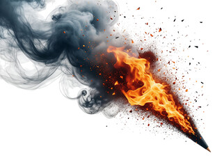 Black pencil ignites with bright orange flames, releasing dark smoke, fiery sparks, depicting creative power,, isolated on transparent background