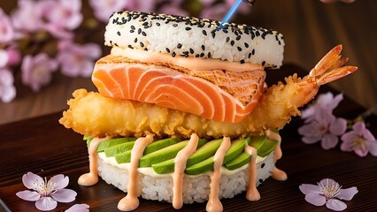 Innovative sushi burger creation featuring salmon tempura shrimp avocado and rice buns being torched for added flavor