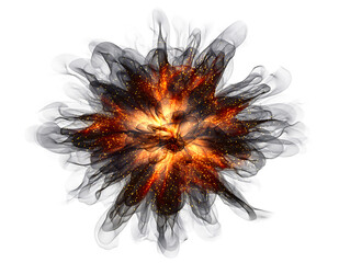 Abstract digital illustration of a fiery explosion with a brilliant orange and yellow core, surrounded by dark, isolated on transparent background