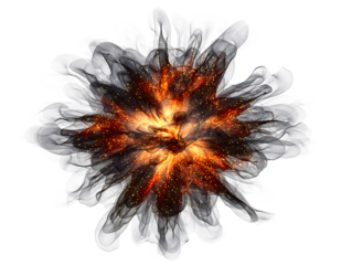 Abstract digital illustration of a fiery explosion with a brilliant orange and yellow core, surrounded by dark, isolated on transparent background