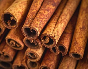 Cinnamon sticks close up, warm brown tones, aromatic spices.