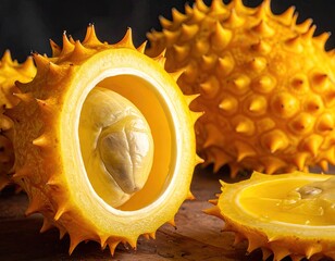 Kiwano melon sliced open with yellow and orange detail