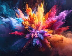 Obraz premium Vivid, dynamic explosion of colorful powder against a dark backdrop