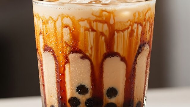 Close up view of taiwanese brown sugar boba milk tea with dripping caramel sauce and condensation on glass