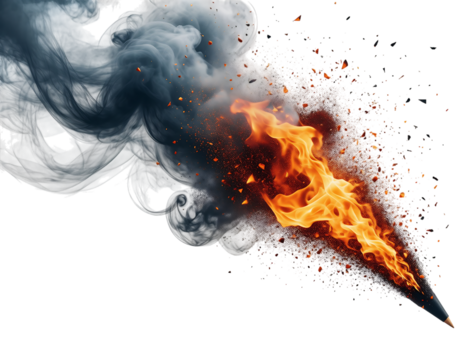 Black pencil ignites with bright orange flames, releasing dark smoke, fiery sparks, depicting creative power,, isolated on transparent background