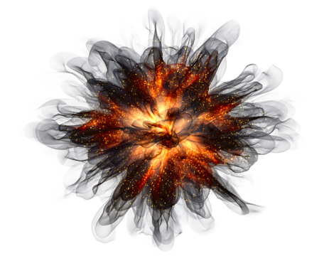Abstract digital illustration of a fiery explosion with a brilliant orange and yellow core, surrounded by dark, isolated on transparent background