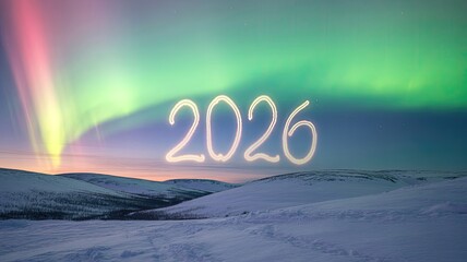Aurora borealis and the year 2026 over snowy landscape