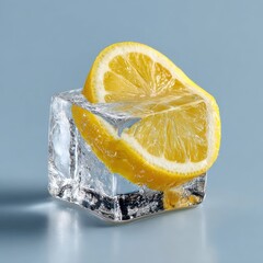 Fresh Lemon Slice on Clear Ice Cube Against Light Blue Background in Minimalist Style, Perfect for Culinary and Beverage Concepts