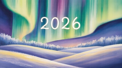 2026 text with aurora borealis style background