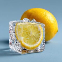 Fresh Lemon Slice Encased in Clear Ice Cube on Soft Blue Background for Refreshing Beverage or Food Presentation Concepts