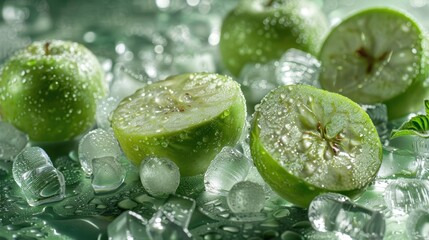 Fresh Green Apples with Ice Cubes and Water Droplets on Glossy Surface, Ideal for Healthy Eating, Refreshing Beverages, or Culinary Art in Food Photography