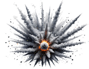Powerful and dynamic explosion with voluminous gray smoke expanding outwards from a fiery orange core, scattering, isolated on transparent background