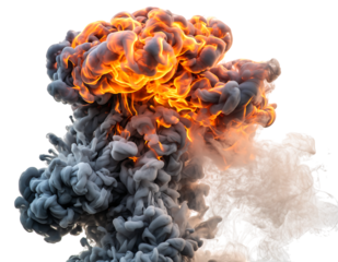 Dynamic explosion with vibrant orange flames and billowing dark gray smoke swirling powerfully, creating a, isolated on transparent background
