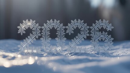 Snowflakes forming year 2022 on snow, winter scene