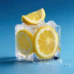 Fresh Lemon Slices Encased in Ice Cubes with Bubbles on a Blue Background, Perfect for Summer Refreshments and Beverage Designs, Highlighting Coolness and Natural Ingredients