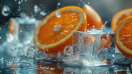 Fresh Orange Slices Surrounded by Chilled Ice Cubes with Water Splashing in a Refreshing Summer Beverage Scene Capturing Vibrant Citrus Colors and Refreshing Vibes