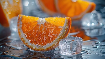 Fresh Orange Slice with Ice Cubes on Table with Reflections, Vibrant Color and Texture Ideal for Refreshing Beverage or Summer-themed Promotions, Juicy Citrus Delight for Food Photography