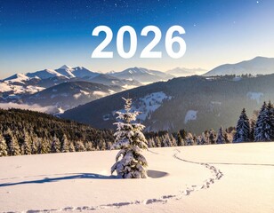 Snowy mountain winter scene with evergreen and year 2026