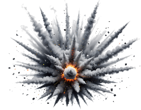 Powerful and dynamic explosion with voluminous gray smoke expanding outwards from a fiery orange core, scattering, isolated on transparent background