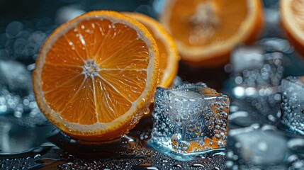 Freshly Cut Orange Slices on Ice Cubes with Bubbles and Reflections in a Cool Drink Setting for Refreshing Summer Beverages and Healthy Snacks