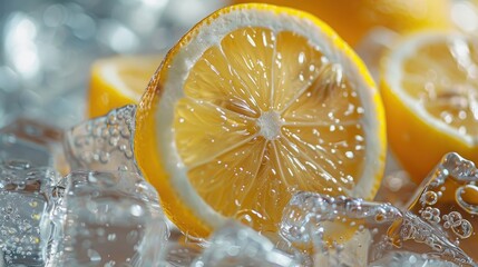 Freshly Sliced Lemon on Ice Cubes with Bubbles and Bright Yellow Color Ideal for Refreshing Beverage or Culinary Presentation in a Summer Setting