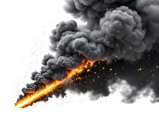 Dynamic explosion of dark smoke billowing intensely, featuring a vibrant orange fiery streak and glittering, isolated on transparent background