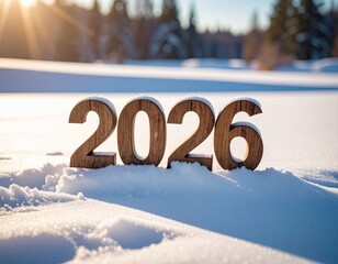 Year 2026 wooden numbers in a snowy winter landscape