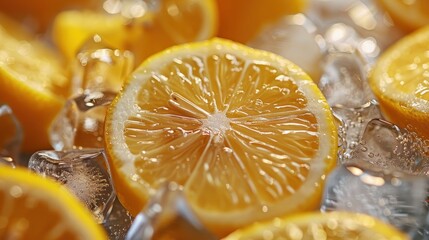 Freshly Sliced Lemons on Ice Providing a Vibrant and Refreshing Element for Beverages, Culinary Dishes, and Summer Recipes with Bright Yellow Color and Juicy Texture