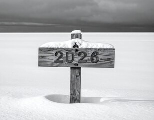 Signpost with the numbers 2026 in a snowy landscape