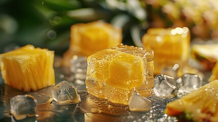Ice Cubes with Pineapple Chunks and Glimmering Drops of Water on a Reflective Surface Surrounded by Tropical Greenery in a Bright and Refreshing Summery Setting