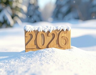 Wooden block with year 2026 on snow in winter